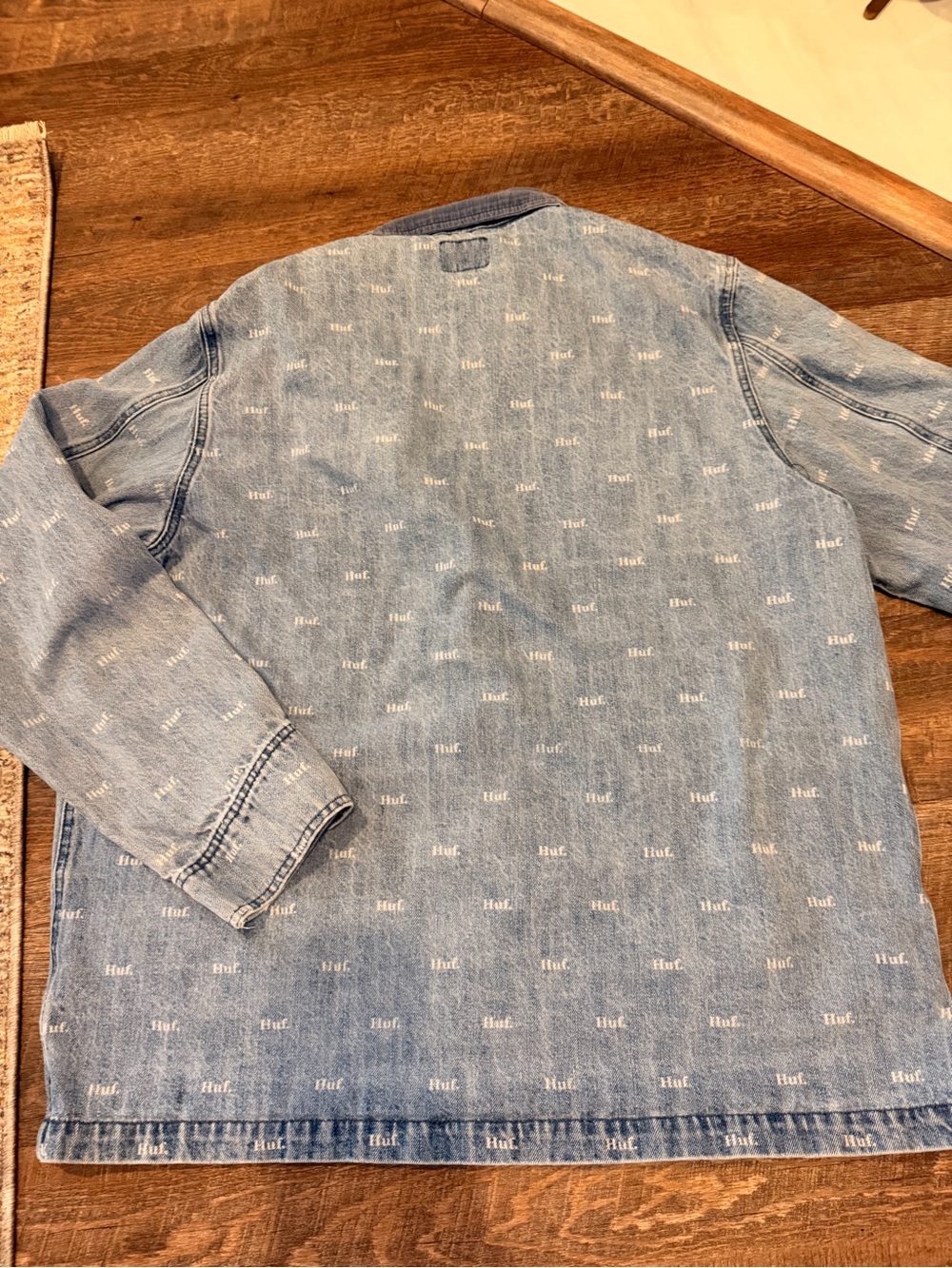 HUF Denim Chore Jacket XL All Over Logo Print Button Front Workwear - Picture 7 of 8